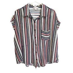 Tempted Cap Roll Tab Sleeves Blouse Collared Button Up Striped Size 2X